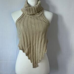Y2K Knit Halter Turtleneck Top Open Back Handkerchief Hem Beige Size L